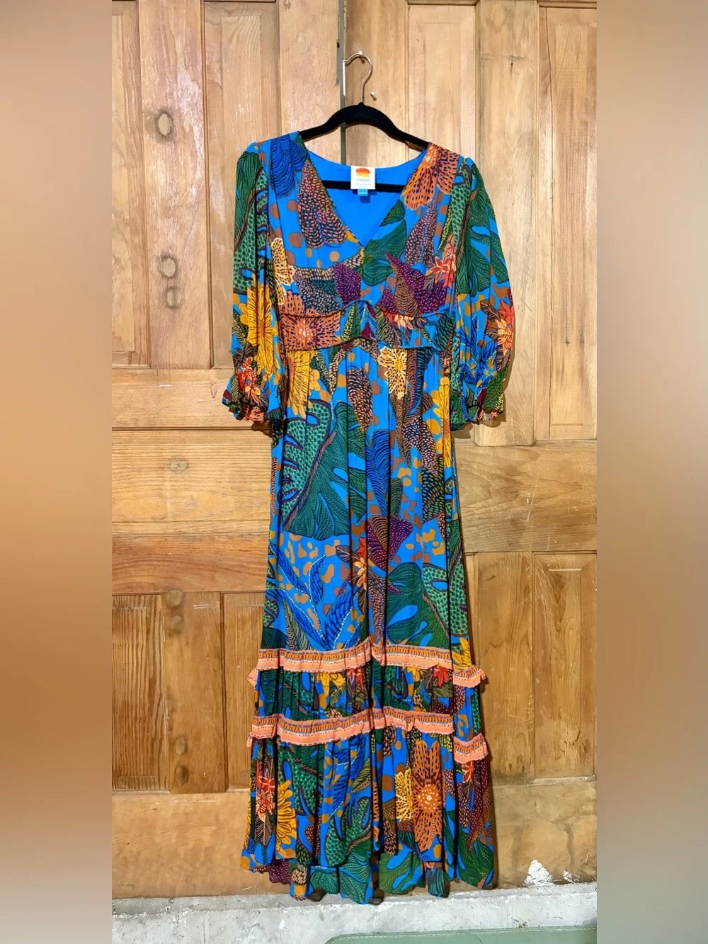 FARM Rio Blue Green Floral Maxi Dress with Orange Accents - Picture 3 of 6